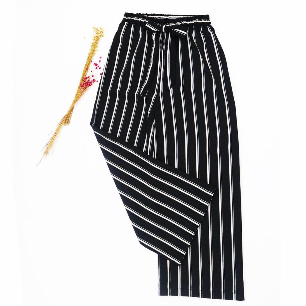 Striped Loose Wide Leg Trousers High Waist Tie Bow - Picture 6 of 8